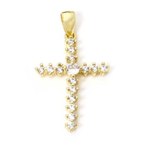 Picture of 1 Piece Eco-friendly Brass Religious Charms 18K Real Gold Plated Cross Micro Pave Clear Cubic Zirconia 27mm x 16mm