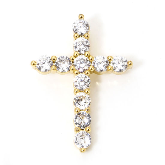 Picture of 1 Piece Eco-friendly Brass Religious Charms 18K Real Gold Plated Cross Clear Cubic Zirconia 27mm x 19mm