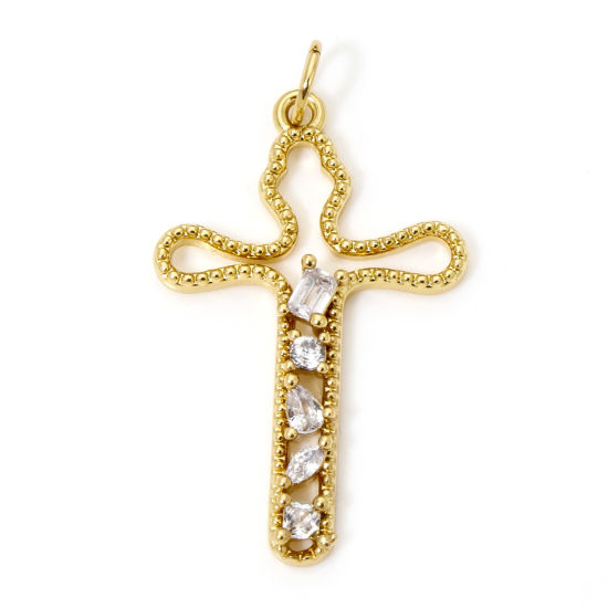 Picture of 1 Piece Eco-friendly Brass Religious Pendants 18K Real Gold Plated Cross Hollow Clear Cubic Zirconia 3.2cm x 1.8cm