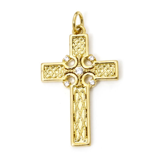 Picture of 1 Piece Eco-friendly Brass Religious Pendants 18K Real Gold Plated Cross Hollow Clear Cubic Zirconia 3.1cm x 1.7cm