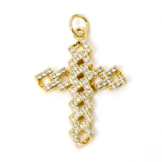 Picture of 1 Piece Eco-friendly Brass Religious Pendants 18K Real Gold Plated Cross Hollow Clear Cubic Zirconia 3cm x 1.9cm