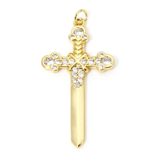 Picture of 1 Piece Eco-friendly Brass Religious Pendants 18K Real Gold Plated Cross Clear Cubic Zirconia 4.4cm x 2.1cm