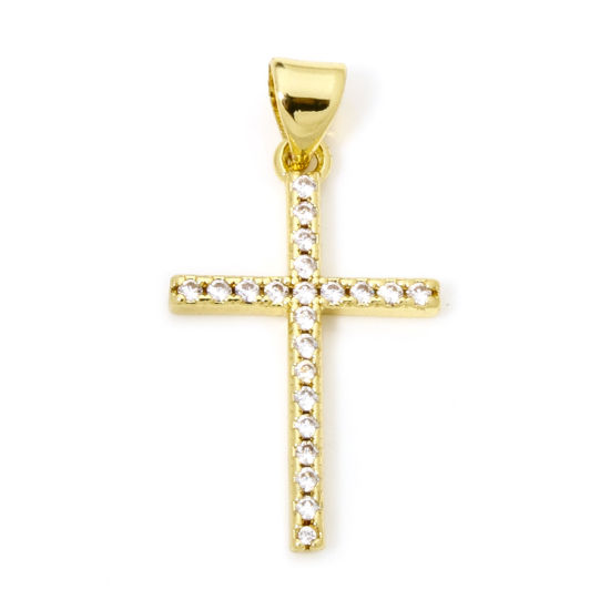 Picture of 1 Piece Eco-friendly Brass Religious Charm Pendant 18K Real Gold Plated Cross Micro Pave Clear Cubic Zirconia 28mm x 14mm