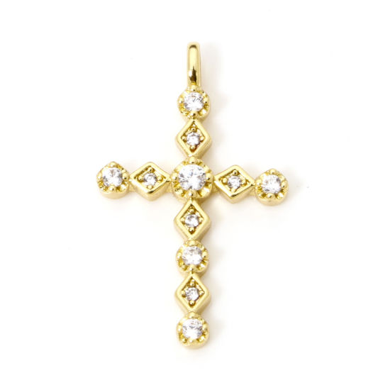 Picture of 1 Piece Eco-friendly Brass Religious Charms 18K Real Gold Plated Cross Micro Pave Clear Cubic Zirconia 23mm x 14mm