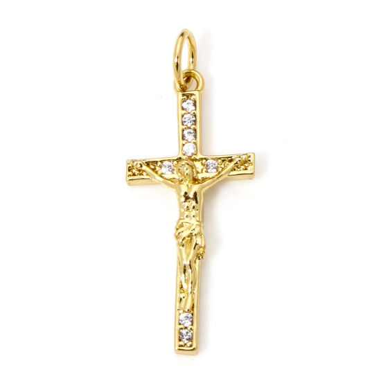 Picture of 1 Piece Eco-friendly Brass Religious Charms 18K Real Gold Plated Cross Jesus Clear Cubic Zirconia 27mm x 11mm