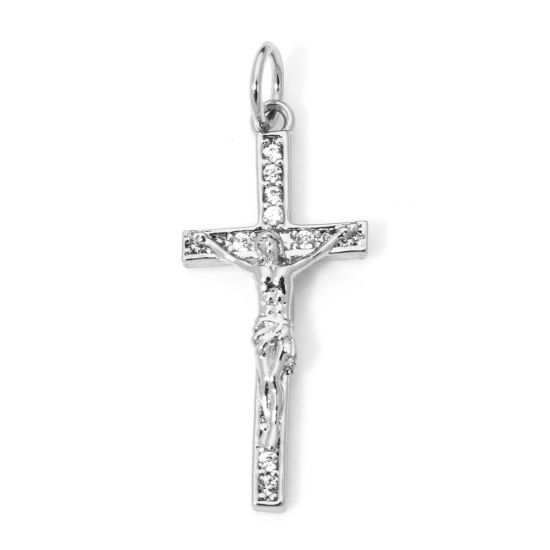 Picture of 1 Piece Eco-friendly Brass Religious Charms Real Platinum Plated Cross Jesus Clear Cubic Zirconia 27mm x 11mm