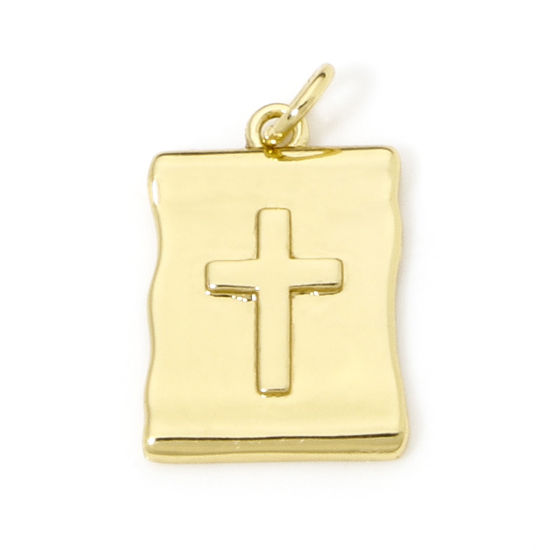 Image de 1 Pièce Breloques Religieux en Laiton Respectueux de la Nature Croix Plaqué Or Véritable 18K Rectangle 22mm x 13mm