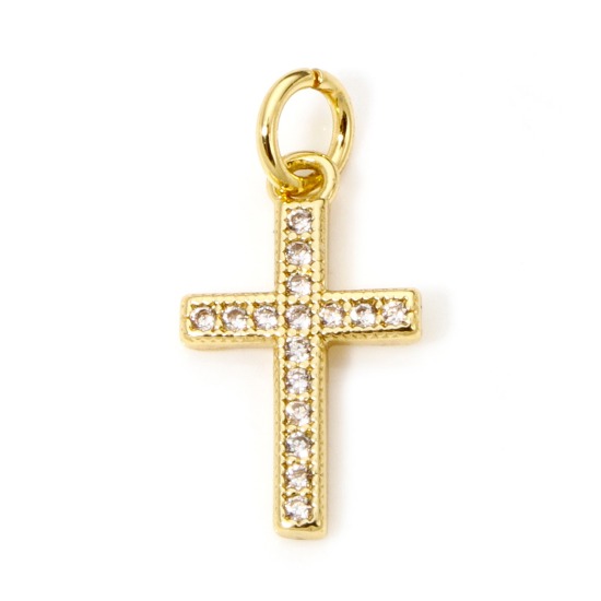 Image de 1 Pièce Breloques Religieux en Laiton Respectueux de la Nature Croix Plaqué Or Véritable 18K Micro Pave à Zircone Cubique Clair 20.5mm x 10mm