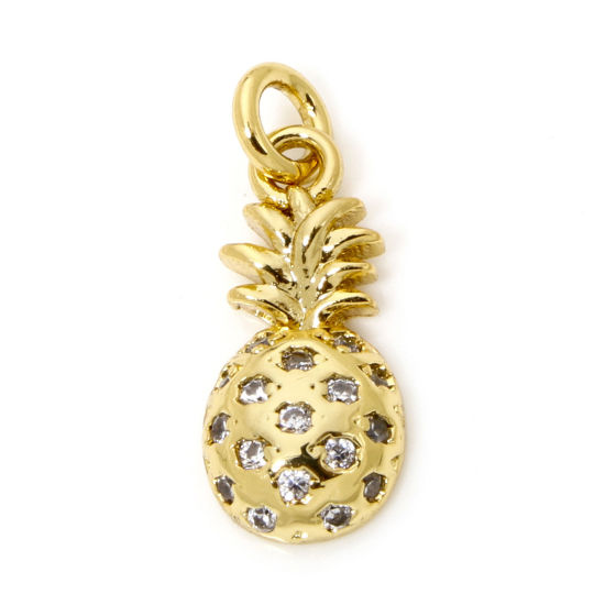 Image de 1 Pièce Breloques Micro Pave en Laiton Respectueux de la Nature Ananas Plaqué Or Véritable 18K à Zircone Cubique Clair 16mm x 6mm