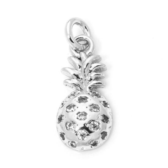 Image de 1 Pièce Breloques Micro Pave en Laiton Respectueux de la Nature Ananas Plaqué Platine Véritable à Zircone Cubique Clair 16mm x 6mm