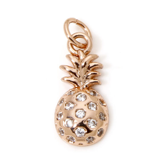 Image de 1 Pièce Breloques Micro Pave en Laiton Respectueux de la Nature Ananas Plaqué Or Rose Véritable à Zircone Cubique Clair 16mm x 6mm