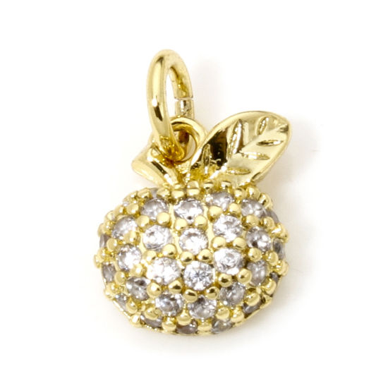 Image de 1 Pièce Breloques Micro Pave en Laiton Respectueux de la Nature Pomme Plaqué Or Véritable 18K à Zircone Cubique Clair 11mm x 7mm