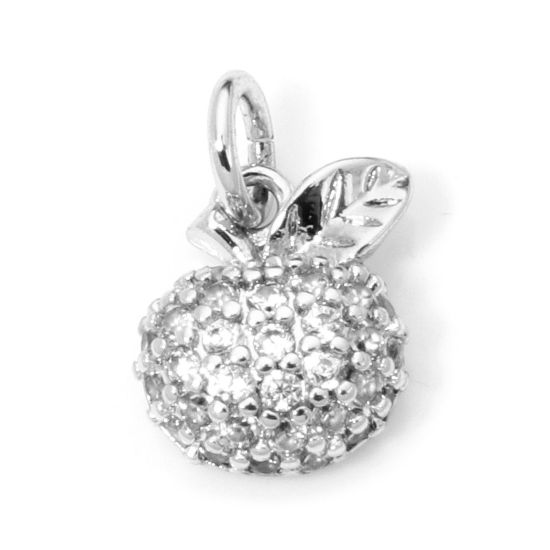 Image de 1 Pièce Breloques Micro Pave en Laiton Respectueux de la Nature Pomme Plaqué Platine Véritable à Zircone Cubique Clair 11mm x 7mm