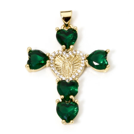 Picture of 1 Piece Eco-friendly Brass Religious Pendants 18K Real Gold Plated Cross Virgin Mary Micro Pave Clear Cubic Zirconia Green Rhinestone 4cm x 2.7cm
