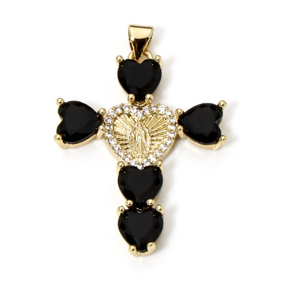 Imagen de 1 Unidad Respetuoso del Medio Ambiente Latón Religión Colgantes Cruz 18K Oro Real Chapado Virgen María Micro Pave Claro Circón Artificial Negro Rhinestone 4cm x 2.7cm