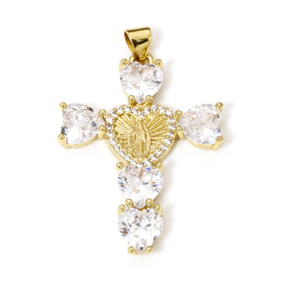 Imagen de 1 Unidad Respetuoso del Medio Ambiente Latón Religión Colgantes Cruz 18K Oro Real Chapado Virgen María Micro Pave Claro Circón Artificial Transparente Rhinestone 4cm x 2.7cm
