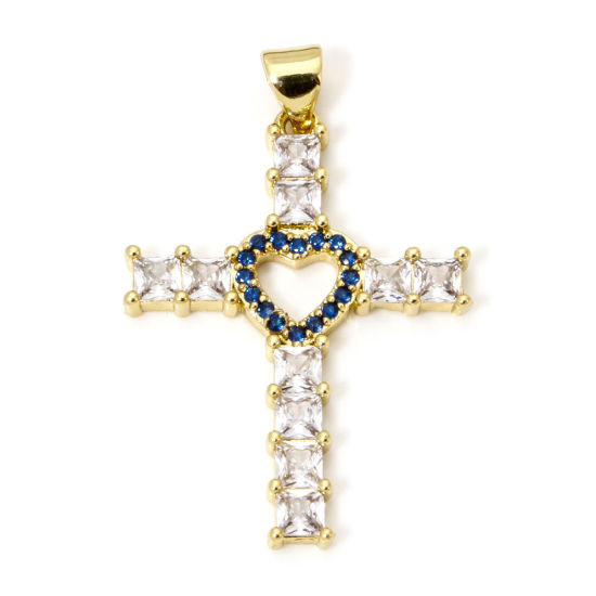 Immagine di 1 Pz Ecologico Ottone Religione Ciondoli Pendenti Croce 18K Vero Oro Placcato Cuore Micro Spianare Blu Scuro Cubic Zirconiae Trasparente Strass 3.5cm x 2.3cm