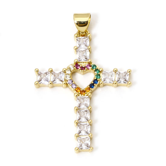 Immagine di 1 Pz Ecologico Ottone Religione Ciondoli Pendenti Croce 18K Vero Oro Placcato Cuore Micro Spianare Multicolore Cubic Zirconiae Trasparente Strass 3.5cm x 2.3cm