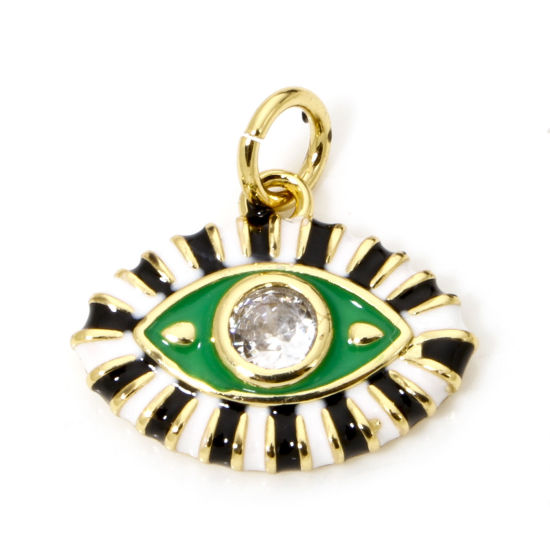 Immagine di 1 Pz Ecologico Ottone Ciondoli Pendenti Occhi 18K Vero Oro Placcato Verde Smalto Trasparente Cubic Zirconiae 16mm x 15.5mm