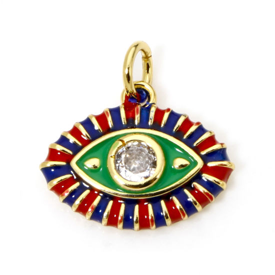 Immagine di 1 Pz Ecologico Ottone Ciondoli Pendenti Occhi 18K Vero Oro Placcato Multicolore Smalto Trasparente Cubic Zirconiae 16mm x 15.5mm