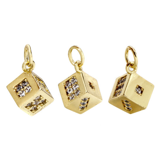 Изображение 1 ШТ Экологичный Латунь Подвески Игральная Кость 18K настоящее золото с покрытием Трехмерный Прозрачный Искусственный Циркон 16мм x 9мм