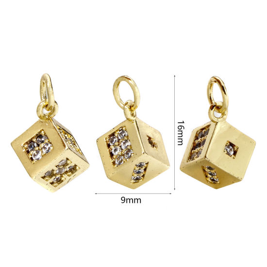 Изображение 1 ШТ Экологичный Латунь Подвески Игральная Кость 18K настоящее золото с покрытием Трехмерный Прозрачный Искусственный Циркон 16мм x 9мм