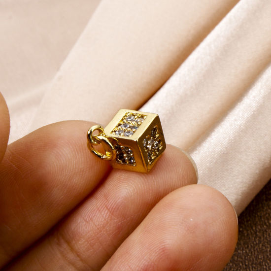 Изображение 1 ШТ Экологичный Латунь Подвески Игральная Кость 18K настоящее золото с покрытием Трехмерный Прозрачный Искусственный Циркон 16мм x 9мм