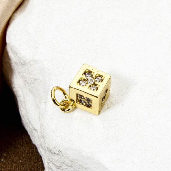 Изображение 1 ШТ Экологичный Латунь Подвески Игральная Кость 18K настоящее золото с покрытием Трехмерный Прозрачный Искусственный Циркон 16мм x 9мм
