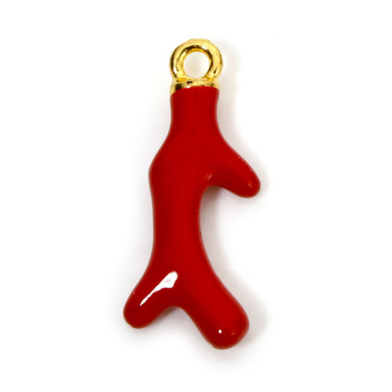 Picture of 10 PCs Zinc Based Alloy Ocean Jewelry Charms Gold Plated Red Coral Enamel 3D 26mm x 10.5mm