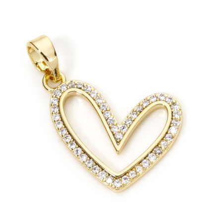 Picture of 1 Piece Brass Valentine's Day Charm Pendant 18K Real Gold Plated Heart Micro Pave Clear Cubic Zirconia 24mm x 14mm