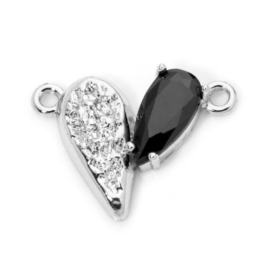 Immagine di 1 Pz Ottone San Valentino Pendenti Charms Connettori Vero Platino Placcato Cuore Nero Strass 19mm x 14mm
