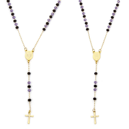 Image de 1 Pièce Collier Chapelet de Perles de Prière en 304 Acier Inoxydable Religieux Doré Violet Croix Sainte Vierge Marie 52cm Long