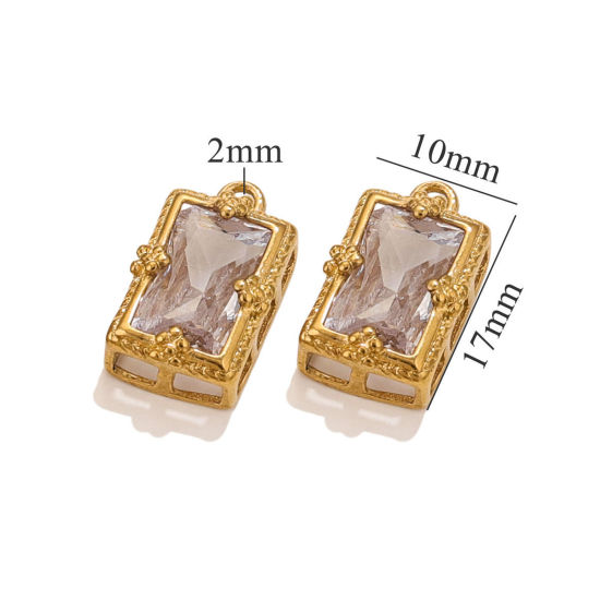 Image de 1 Pièce Breloques en 304 Acier Inoxydable Placage sous Vide Rectangle Plaqué Or 18K à Zircone Cubique Clair 17mm x 10mm