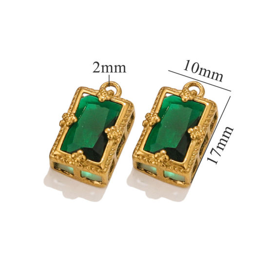 Image de 1 Pièce Breloques en 304 Acier Inoxydable Placage sous Vide Rectangle Plaqué Or 18K à Zircone Cubique Vert Foncé 17mm x 10mm