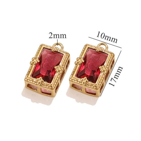 Image de 1 Pièce Breloques en 304 Acier Inoxydable Placage sous Vide Rectangle Plaqué Or 18K à Zircone Cubique Vin Rouge 17mm x 10mm