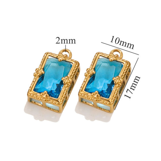 Image de 1 Pièce Breloques en 304 Acier Inoxydable Placage sous Vide Rectangle Plaqué Or 18K à Zircone Cubique Bleu Ciel 17mm x 10mm