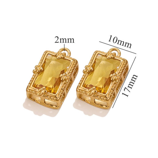 Image de 1 Pièce Breloques en 304 Acier Inoxydable Placage sous Vide Rectangle Plaqué Or 18K à Zircone Cubique Jaune 17mm x 10mm