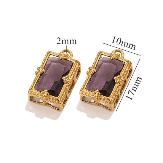 Image de 1 Pièce Breloques en 304 Acier Inoxydable Placage sous Vide Rectangle Plaqué Or 18K à Zircone Cubique Pourpre 17mm x 10mm