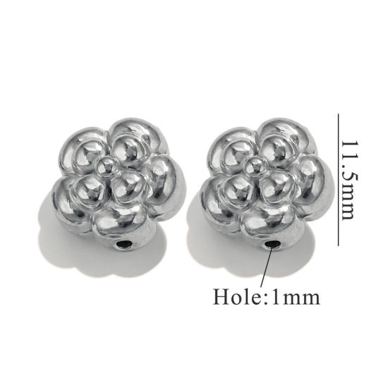 Picture of 2 PCs 304 Stainless Steel 3D Beads For DIY Jewelry Making Flower Silver Tone 12mm x 12mm, Hole: Approx 1.2mm