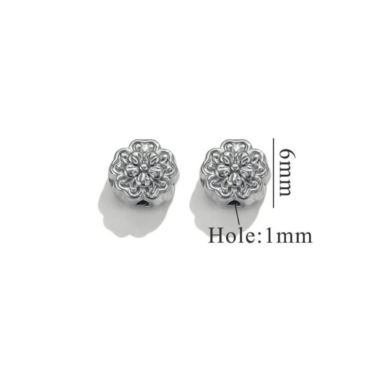 Picture of 2 PCs 304 Stainless Steel Beads For DIY Jewelry Making Flower Silver Tone 6.5mm x 6mm, Hole: Approx 0.8mm