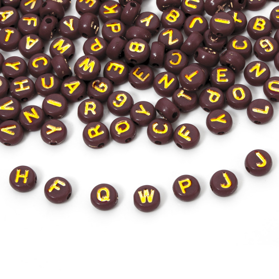 Picture of 500 PCs Acrylic Beads For DIY Jewelry Making Dark Purple Flat Round At Random Mixed Message " A-Z " Enamel About 7mm Dia., Hole: Approx 1.5mm