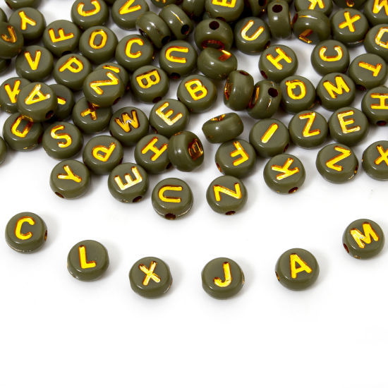 Picture of 500 PCs Acrylic Beads For DIY Jewelry Making Olive Green Flat Round At Random Mixed Message " A-Z " Enamel About 7mm Dia., Hole: Approx 1.5mm