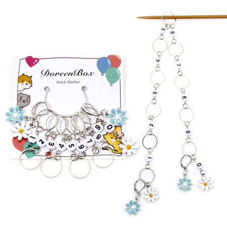 Picture of 1 Set Knitting Stitch Markers Knitting Row Counter Chain Daisy Flower Number Silver Tone Multicolor Enamel 37.5cm long 3.6x1.4cm