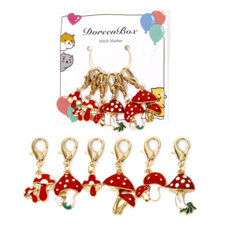 Picture of 1 Set ( 6 PCs/Set) Clip On Charms For Vintage Charm Bracelets Knitting Stitch Markers Mushroom Gold Plated Multicolor Enamel 4.6x2cm - 3.6x1.1cm
