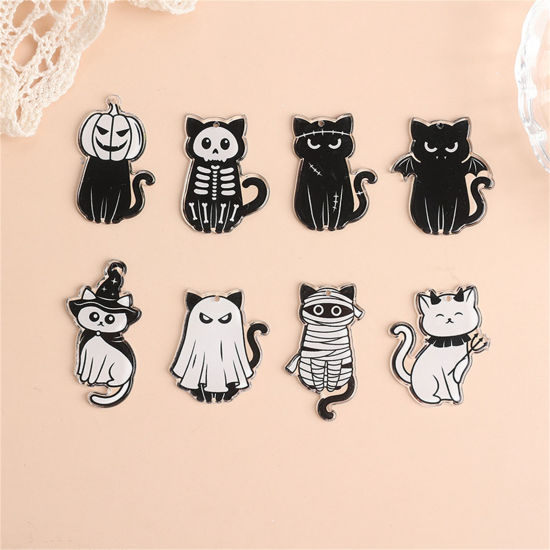 Bild von 10 Stück Acryl Halloween Anhänger Katze Zufällig gemischt Schwarz & Weiß