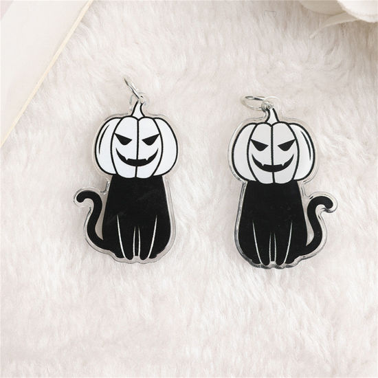 Bild von 10 Stück Acryl Halloween Anhänger Katze Halloween Kürbis Schwarz & Weiß 4.1cm x 2.5cm