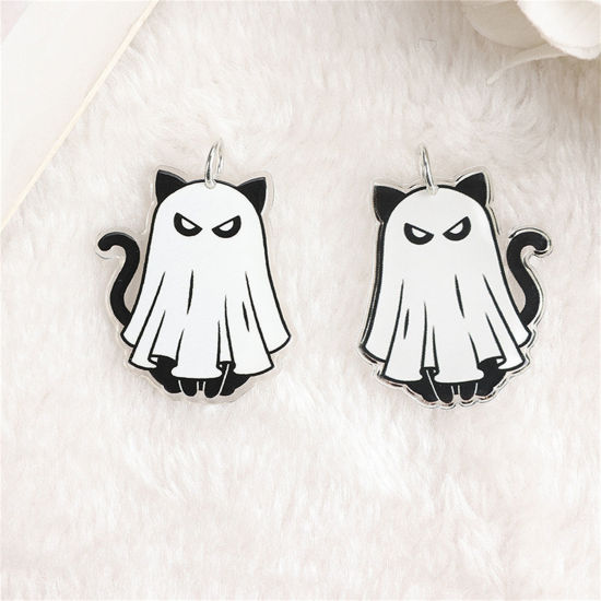 Image de 10 Pcs Pendentifs en Acrylique Halloween Chat Fantôme Halloween Noir & Blanc 3.5cm x 3.1cm