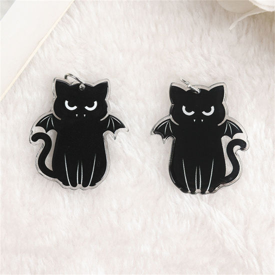 Image de 10 Pcs Pendentifs en Acrylique Halloween Chat Ailes Noir & Blanc 3.7cm x 3.3cm