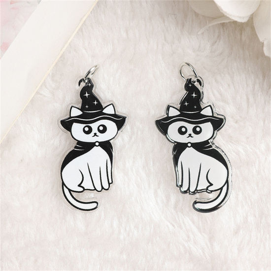 Image de 10 Pcs Pendentifs en Acrylique Halloween Chat Chapeau de Sorcière d'Halloween Noir & Blanc 4.6cm x 2.4cm