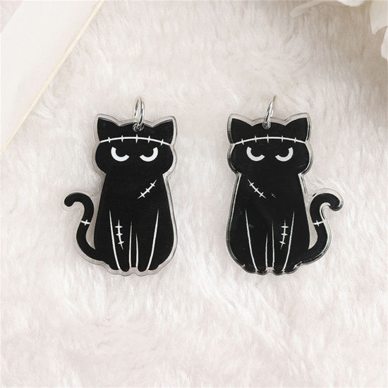 Image de 10 Pcs Pendentifs en Acrylique Halloween Chat Noir & Blanc 3.7cm x 2.7cm